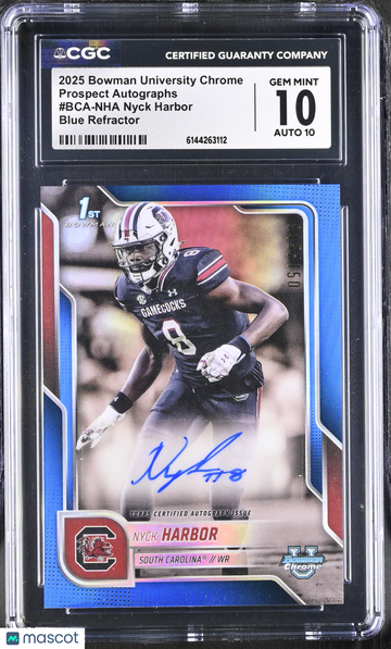 2025 Bowman University Chrome Nyck Harbor #BCA-NHA Blue Refractor Prospect Autographs CGC 10 Auto 10