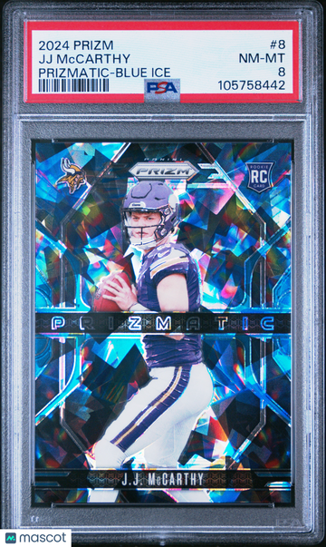 JJ McCarthy 2024 Panini Prizm #8 Blue Ice 79/99 PSA 8