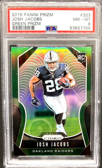 2019 Panini Prizm #323 Josh Jacobs Green Parallel RC *PSA 8 NM-MT* Very Low Pop