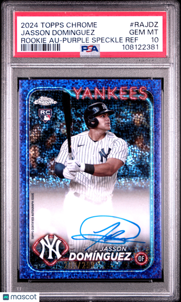 2024 Topps Chrome Rookie Autographs Jasson Dominguez #RAJDZ Purple Speckle Ref /299 PSA 10