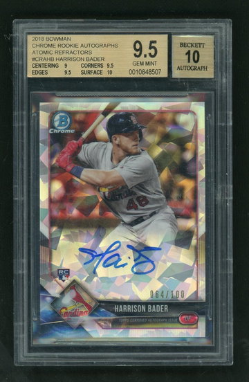 2018 Bowman Chrome Rookie Autograph Atomic Refractor Harrison Bader #CRAHB /100 BGS 9.5