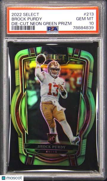 2022 Select #213 Brock Purdy Die-Cut Neon Green Prizm 139/299 PSA 10 Gem Mint