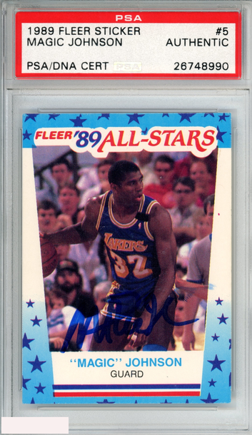 1989 FLEER STICKER AUTOGRAPHED MAGIC JOHNSON #5 PSA DNA AUTHENTIC AUTO