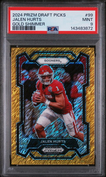 2024 Panini Prizm Draft Picks Gold Shimmer Prizm Jalen Hurts #99 /15 15/15 PSA 9