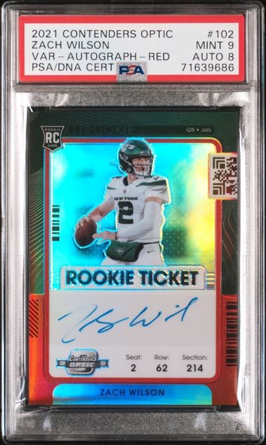 2021 PANINI CONTENDERS OPTIC ZACH WILSON ROOKIE TICKET VARIATION AUTO RED SP /50 #102 PSA 9