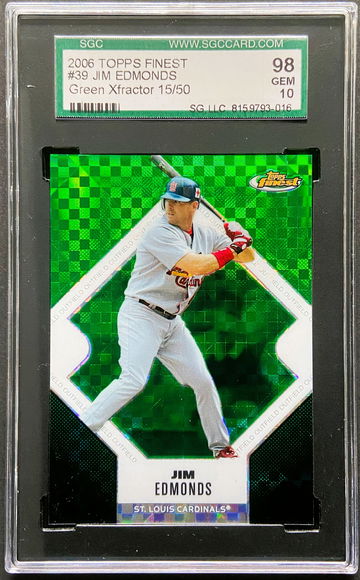 2006 Topps Finest #39 Green Xfractor Jim Edmonds SGC 10 15/50 Jersey #