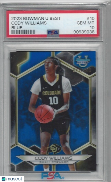 2023 Bowman University Best Cody Williams #10 Blue Refractor PSA 10