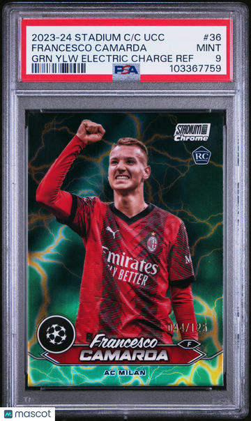 2023-24 Topps Stadium Club Chrome UEFA Club Competitions Francesco Camarda #36 GRN Ylw Electric Charge Ref PSA 9