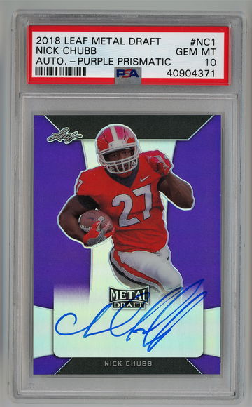 2018 Leaf Metal Draft Purple Prismatic Auto /25 Nick Chubb PSA 10