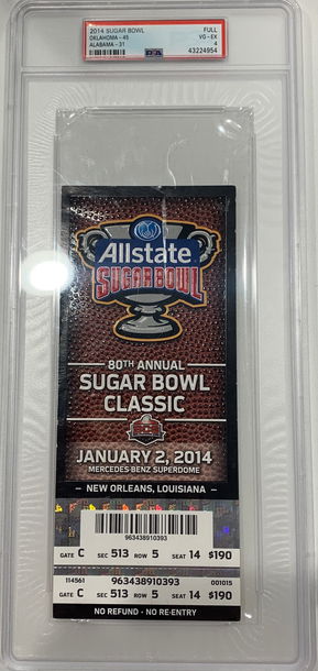 2014 Sugar Bowl Full Ticket PSA 4 Oklahoma Sooners vs Alabama crimson Tide scuffs on slab