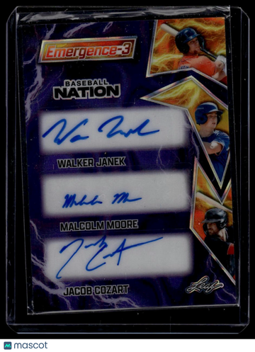 2025 Leaf Baseball Nation Walker Janek / Malcolm Moore / Jacob Cozart AU, SN8 #E3-7 Emergence 3 Prismatic Purple