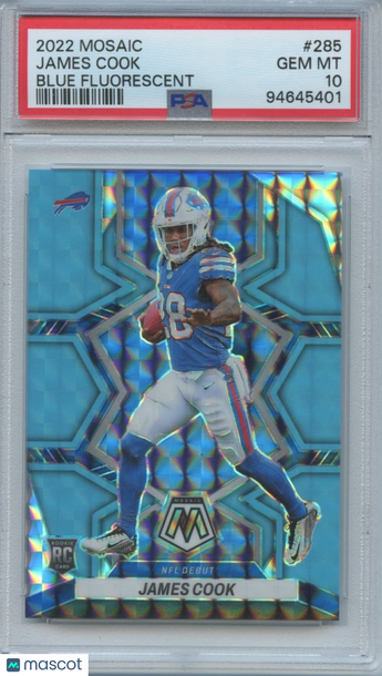 2022 Panini Mosaic James Cook #285 Blue Fluorescent Mosaic Prizm Parallel/Variety Rookie Base Set PSA 10