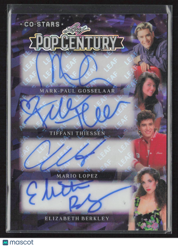 2026 Leaf Pop Century Co-Stars Elizabeth Berkley Mark-Paul Gosselaar Mario Lopez Tiffani Thiessen Quad Autograph #CS4-4