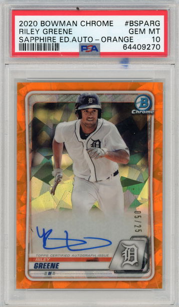 2020 Bowman Sapphire Riley Greene Auto Orange Refractor #'d 5/25 PSA 10 GEM MINT