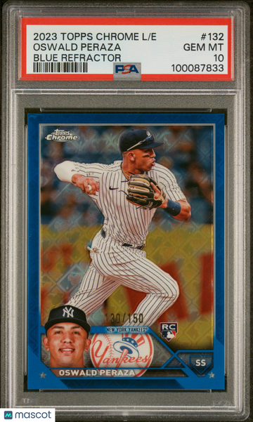 2023 Topps Chrome Logofractor Edition Oswald Peraza #132 Blue Refractor /150 PSA 10