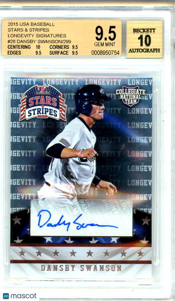 2015 USA Baseball Stars and Stripes Longevity Signatures Dansby Swanson #28 /299 BGS 9.5 Auto 10
