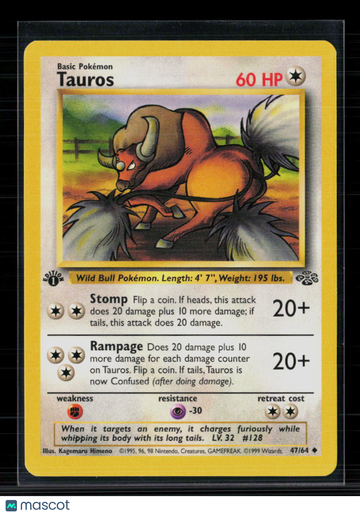 Pokemon 1999 Jungle Tauros 1st Edition #47/64