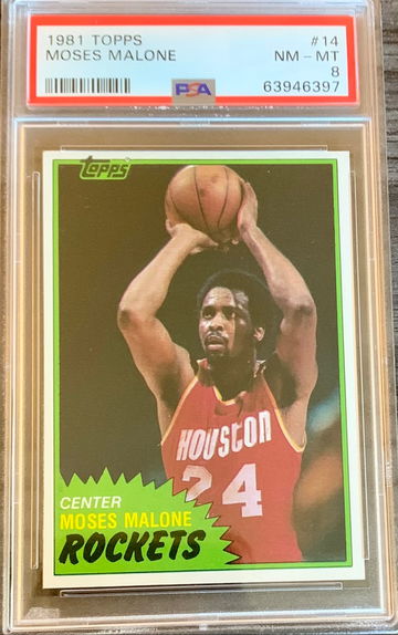 1981 Topps Basketball Card Moses Malone #14 New Label - Graded PSA 8 NM-MT wow