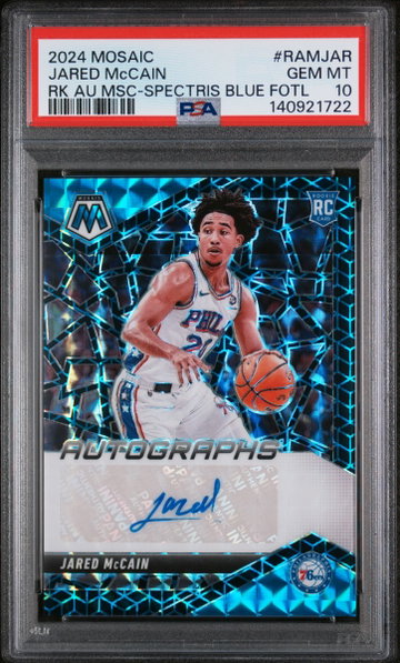2024 PANINI MOSAIC JARED MCCAIN #/25 SPECTRIS BLUE AUTO FOTL #RAMJAR RC PSA 10