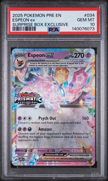 2025 Pokemon Scarlet and Violet Prismatic Evolutions Surprise Box Exclusive Espeon Ex #034 PSA 10