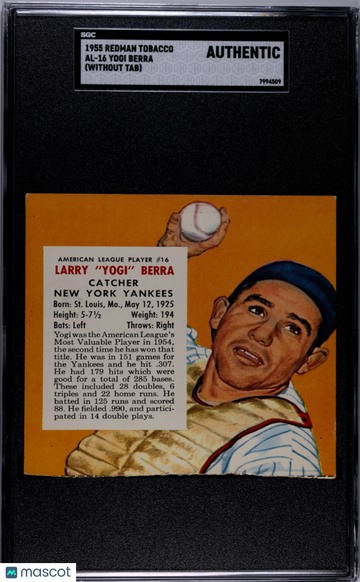 1955 Redman Tobacco Yogi Berra #AL-16 (Without Tab) SGC A