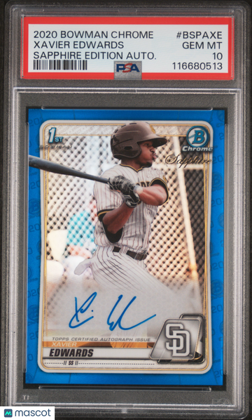 2020 Bowman Chrome Sapphire Xavier Edwards #BSPA-XE Auto PSA 10 Topps