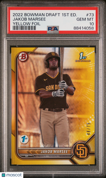 2022 Bowman Draft 1st Edition Jakob Marsee #73 Yellow Foil /75 PSA 10