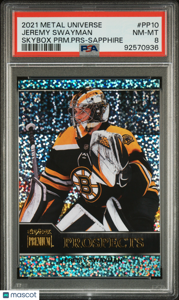 2021-2022 Skybox Metal Universe Skybox Premium Prospects Jeremy Swayman PRM. PRS Sapphire PSA 8