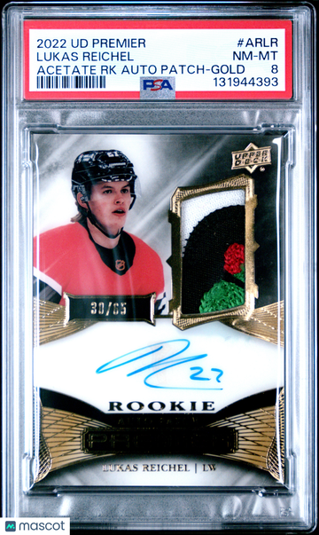 2022 Upper Deck Premier Acetate Rookie Autograph Patch Lukas Reichel #ARLR RK Gold /65 PSA 8