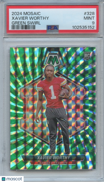 2024 Panini Mosaic Xavier Worthy #328 Green Swirl Mosaic Prizm Parallel/Variety Rookie Base Set PSA 9