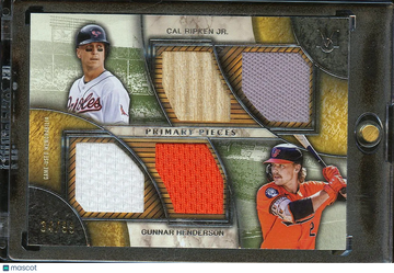 Cal Ripken Jr. Gunnar Henderson 2025 Topps Museum Collection Primary Pieces Quad Relic Game-Used Memorabilia /88 Baltimo