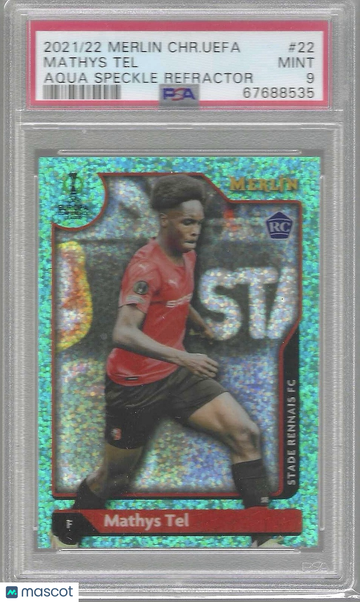 2021-2022 Topps Merlin Chrome UEFA League Mathys Tel #22 Aqua Speckle Refractor PSA 9