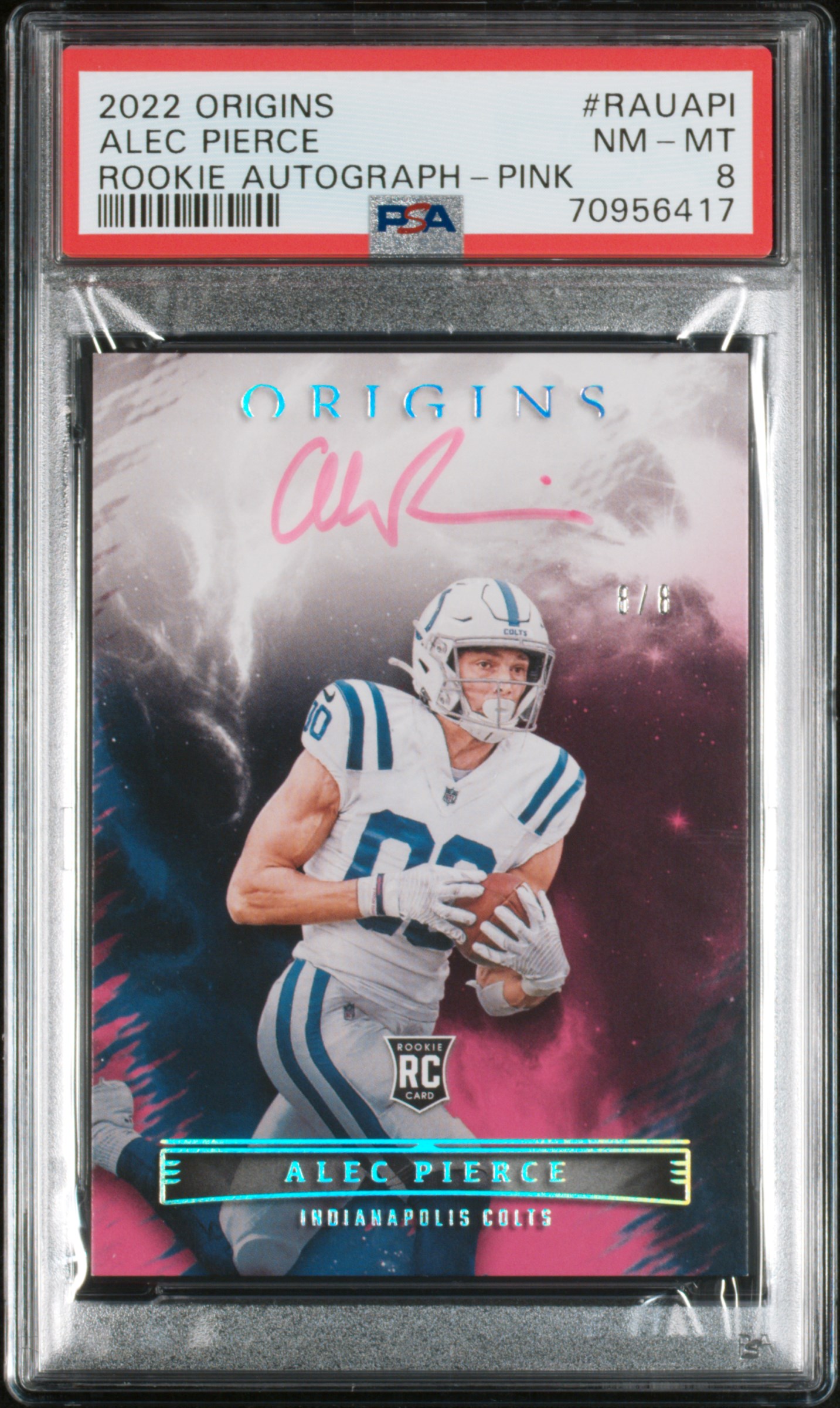 2022 Origins Rookie Autographs  Alec Pierce PInk #8/8 - PSA 8
