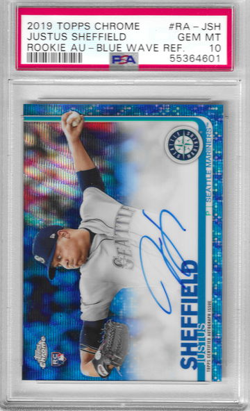 2019 Topps Chrome Justus Sheffield Blue Wave Refractor Auto PSA 10