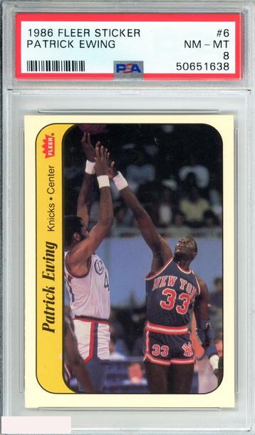 1986 FLEER STICKER PATRICK EWING #6 NEW YORK KNICKS HOF PSA 8 NM MT