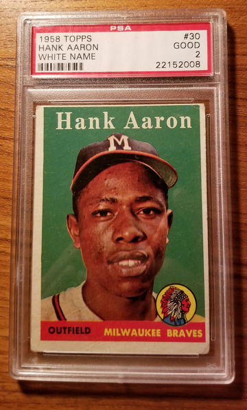 1958 topps hank aaron white name psa 2 creases on bottom good eye appeal
