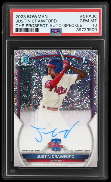 2023 Bowman Justin Crawford Chrome Prospect Autograph Speckle Refractor PSA 10