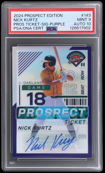 2024 Panini Prospect Edition Nick Kurtz Prospect Ticket Signature Purple PSA 9 AUTO