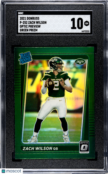2021 Donruss Zach Wilson #P-252 Optic Preview Green Prizm Color Match SGC 10