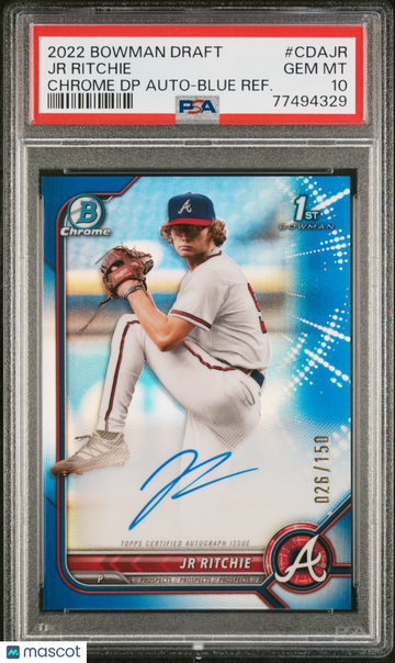 2022 Bowman Draft Chrome Draft Pick Autographs JR Ritchie #CDAJR DP Blue Refractor /150 PSA 10
