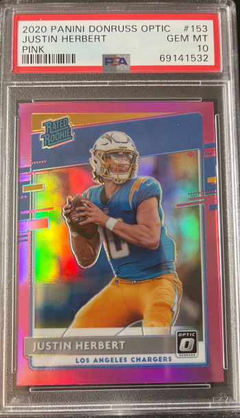 2020 Donruss Optic Justin Herbert Pink Prizm Rated Rookie #153 Los Angeles Chargers PSA 10