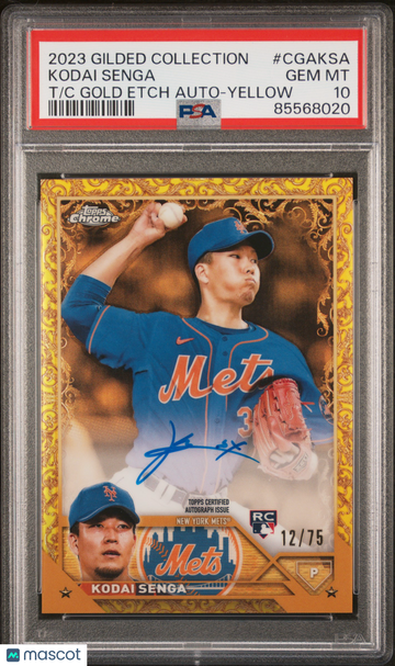 2023 Topps Gilded Collection Topps Chrome Gold Etch Autographs Kodai Senga #CGAKSA Yellow /75 PSA 10