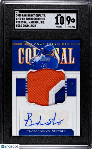 2020 Panini National Treasures Brandon Nimmo #CMS-BN Colossal Mat. SIG. Holo Gold SGC 9 Auto 10