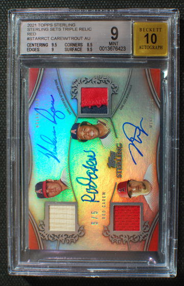 🌟 MIKE TROUT / NOLAN RYAN / ROD CAREW - 2021 Topps Sterling Triple Relics ON CARD AUTO /5 - BGS 9 AUTO 10