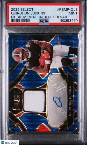 2025 Panini Select Rookie Signature Memorabilia Quinshon Judkins #RSMP-QJS RK Neon Blue Pulsar PSA 9