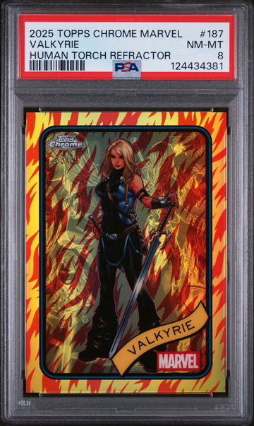 2025 Topps Chrome Marvel Human Torch Refractor Valkyrie #187 /99 PSA 8