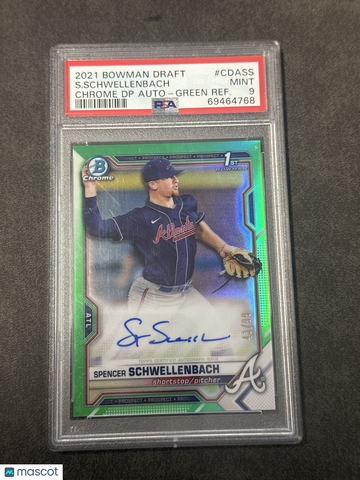 2021 Bowman Draft Chrome Draft Pick Autographs S. Schwellenbach #CDASS DP Green Refractor PSA 9
