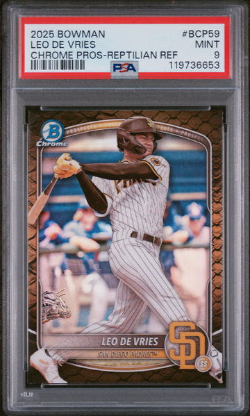 2025 Bowman Chrome Prospects Reptilian Refractor Leo De Vries #BCP59 PSA 9