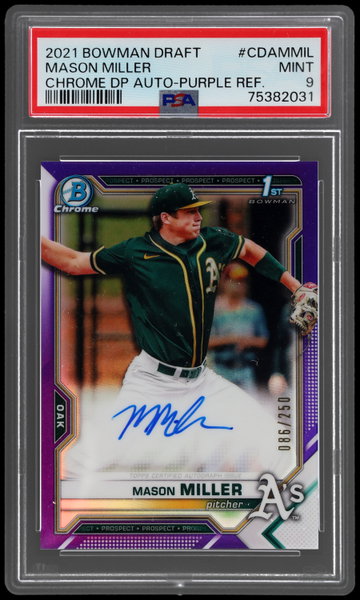 2021 Bowman Draft Mason Miller Chrome Autograph Purple Refractor PSA 9