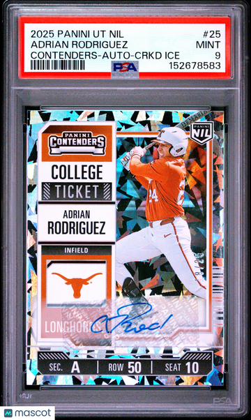 2025 Panini University Of Texas Contenders Adrian Rodriguez #25 Auto Crkd Ice /26 PSA 9